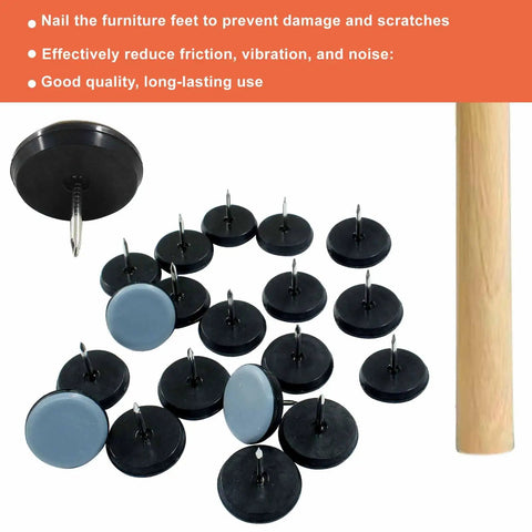 20 Pack 1 Inch Round Furniture Sliders With PTFE Teflon Bottom Heavy Duty Chair Glides For Smooth Carpet And Laminate Floors Zero Hassle Nail On Design Slip Free Grip, showing black and gray glides.