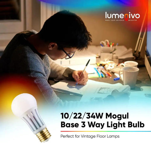Studious setting with Hard To Find Mogul Base 3 Way LED Bulbs E39 PS25 120V Soft White 1320 Lumens displayed