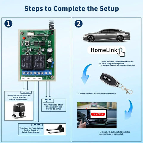 HomeLink Ready Universal Receiver With Remote Transmitter for easy plug and play swing or sliding gate openers and garage doors setup
