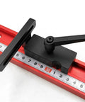 Aluminum Stop Block for Miter Track and 45 Type Positioner on red track with ruler detail, Pro Grade Tool for Precision Woodworking