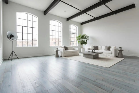 Top Tier Light Oak Reactive Water Based Wood Stain Zero VOC Heavy Duty 55 Gallon Drum on smooth interior floors in a modern living room.