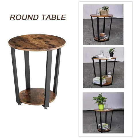 Round Two Tier Side Table With Open Storage Shelf, Anti Scratch Protective Pads, Kid Safe Curved Edges, Straight Up Sturdy Metal End Table For Cozy Living Rooms And Bedrooms, rustic brown finish, round design, versatile use.