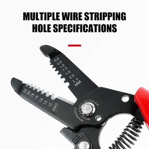 Close-up of Heavy Duty Wire Stripper Pliers And Cutters, 6 Inches Long showing wire stripping hole specifications.