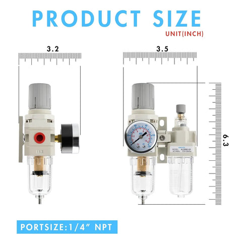 Diagram of One Quarter Inch NPT Air Compressor Regulator Filter Water Separator Combo with Gauge Zero to One Hundred Fifty PSI