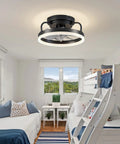 Installed Low Profile 12 Inch Black Ceiling Fan With Lights Flush Mount Bladeless Fandelier For Bedroom And Small Spaces