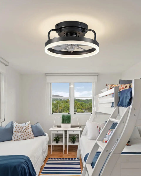 Installed Low Profile 12 Inch Black Ceiling Fan With Lights Flush Mount Bladeless Fandelier For Bedroom And Small Spaces