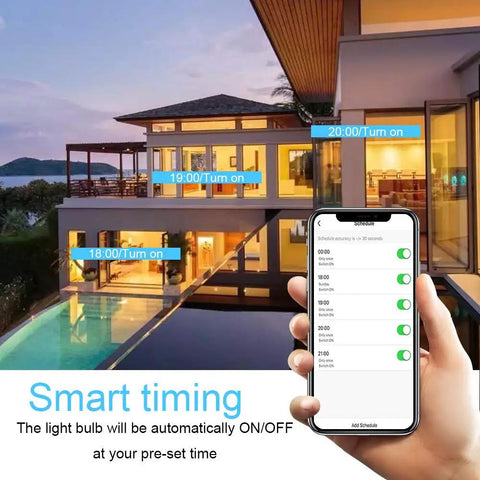 App on a smartphone showing smart timing for Color Changing E12 Smart LED Bulbs With WiFi And Bluetooth in outdoor house setting