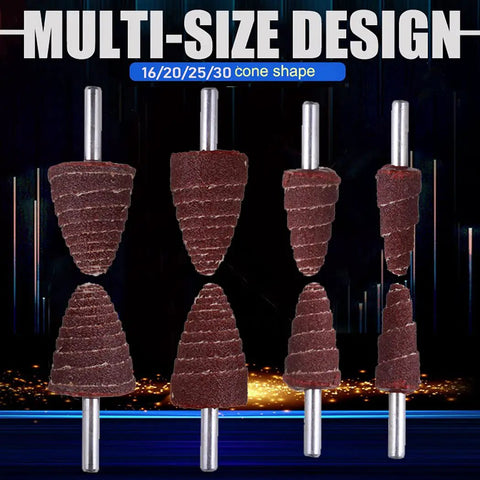 Cone flap wheels from 24 Pcs Flap Wheel Sander Kit with one quarter inch shank, 80 grit aluminum oxide, multi size design.