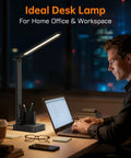 LED Desk Lamp For Home Office With USB Ports And AC Outlet on desk, man using laptop in dimly lit room, ideal for workspace