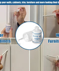 Multi Surface White Touch Up Paint Pen For Interior And Exterior Scratch Repair On Walls Doors Cabinets Wood And Furniture Water Based Low Odor No Mess Easy To Use 1.5 Fl Oz Perfect White Quick Coverage For Dings And Scratches shown in use on cabinets and walls