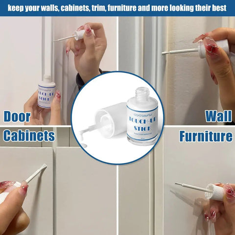 Multi Surface White Touch Up Paint Pen For Interior And Exterior Scratch Repair On Walls Doors Cabinets Wood And Furniture Water Based Low Odor No Mess Easy To Use 1.5 Fl Oz Perfect White Quick Coverage For Dings And Scratches shown in use on cabinets and walls