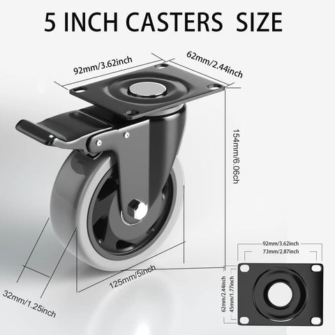 Beefy Built Tough 5 Inch Caster Wheels With Brakes For Cart Furniture Cabinets Swivel Top Plate No Noise Locking Casters With Polyurethane Wheels 2200 Lb Capacity Per Set 4 Pack With Two Hardware Kits Included dimensions