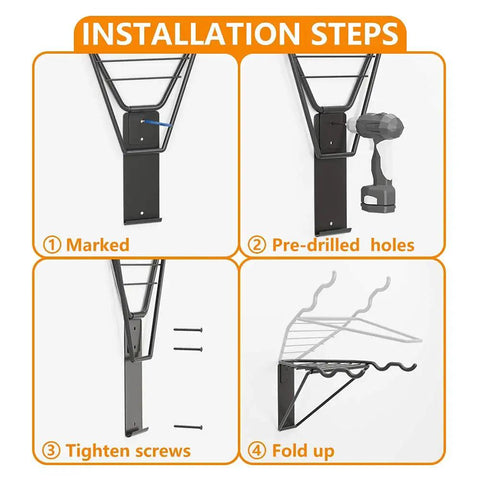Installation steps for Two Bike Wall Mount Rack With Foldable Horizontal Hangers For Garage Storage displayed step-by-step
