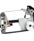 Heavy Duty 2X72 Bench Belt Grinder With Variable Speed Knobs And Rock Solid Welded Steel Frame showing drive wheels and adjustable components.