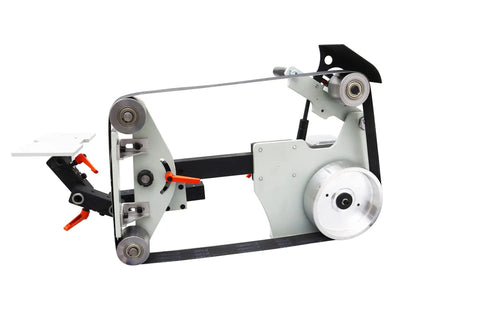 Heavy Duty 2X72 Bench Belt Grinder With Variable Speed Knobs And Rock Solid Welded Steel Frame showing drive wheels and adjustable components.