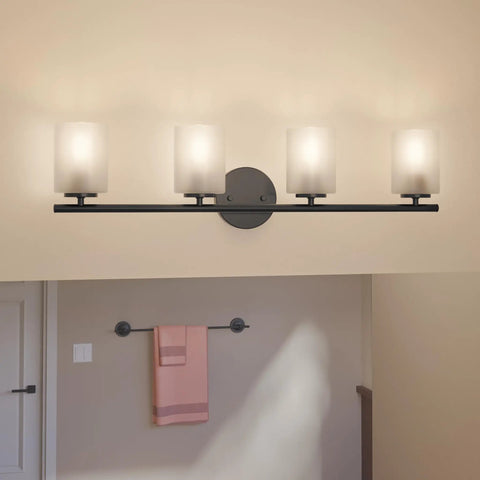 Sleek Four-Light Etched-Glass Bath Vanity Light In Textured Black Finish For Modern Coastal Bathrooms, Offering Bright, Soft Illumination And Boss Vanity Lighting For A Luxe Look