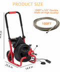 Heavy Duty Workhorse Electric Drain Auger Machine With Automatic Forward And Reverse Footswitch Control Plug And Play Badass Performance For Pro Plumbers One Hundred Feet By Three Eighths Inch Steel Cable shown with dimensions.