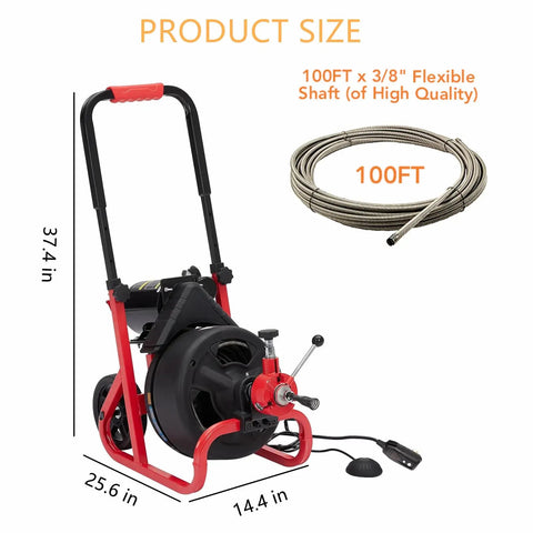 Heavy Duty Workhorse Electric Drain Auger Machine With Automatic Forward And Reverse Footswitch Control Plug And Play Badass Performance For Pro Plumbers One Hundred Feet By Three Eighths Inch Steel Cable shown with dimensions.