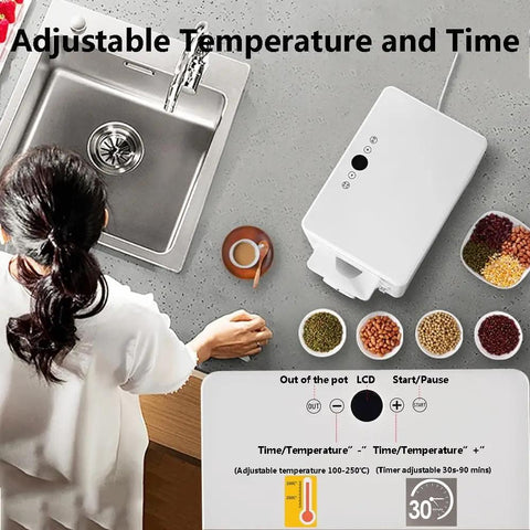 Top Shelf Automatic Electric Coffee Bean Roaster Machine With Hella Fast Rolling Stir Fry For Home Nuts And Peanuts Featuring Solid 90 Min Timer and Precise 100 To 250 Degree Heat Control For 1.5 Kilogram Capacity on kitchen counter with adjustable controls and nuts.