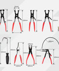 Front collage of 9-piece hose clamp pliers set for automotive, red-grip pliers and removal tools (Amazon).