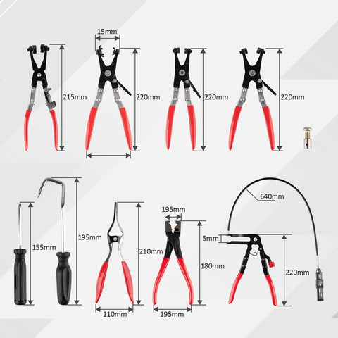 Front collage of 9-piece hose clamp pliers set for automotive, red-grip pliers and removal tools (Amazon).