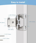 Premium Half Inch Overlay Cabinet Hinges Featuring Seamless Self Closing Action Flat Out Quality Brushed Nickel Hardware mounted on cabinet with installation dimensions.
