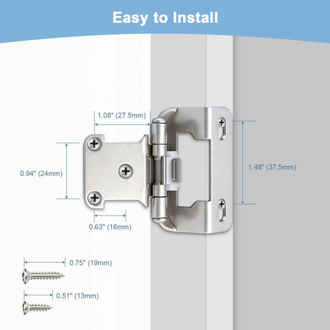 Premium Half Inch Overlay Cabinet Hinges Featuring Seamless Self Closing Action Flat Out Quality Brushed Nickel Hardware mounted on cabinet with installation dimensions.