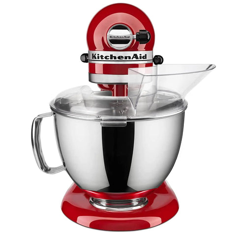 Pouring Shield for 4.5 to 5 Quart Tilt-Head KitchenAid Mixers, clear splash guard on red mixer with stainless steel bowl.