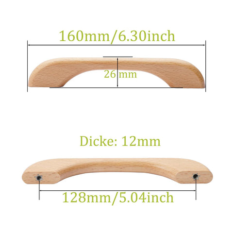 Diagram of beech wood drawer handles showing dimensions, part of 4 Pcs Beech Wood Drawer Handles Flat Cabinet Pulls 128mm Center to Center Hole Distance.