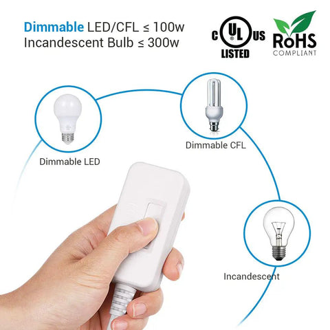 Plug In Dimmer Switch With Dimmable LED Bulb Included, Full Range Slide Control For LED, CFL, And Incandescent Bulbs, 6.6 Ft Extension Cord, UL Listed, Easy To Install, Safe Power Toggle, Smooth, Quiet Dimming