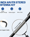 Close-up of Low Profile 9 Inch AM FM Universal Antenna showing copper cable, premium metal, and 60° base design.