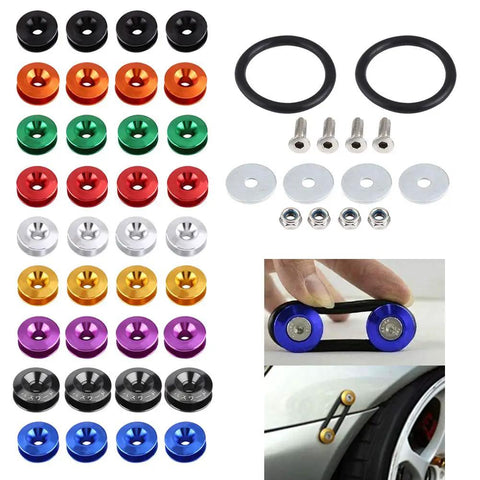 Red Universal Bumper Quick Release Kit For Cars Front And Rear Trunk Fasteners in assorted colors and accessories.
