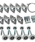 Heavy Duty Garage Door Hardware Kit With Nylon Roller Sealed Bearings Rust Resistant Galvanized Hinges And Top Bracket Plus Seven Foot Wire Rope For Seven Foot Doors Durable Long Lasting Low Maintenance, shown in a complete set