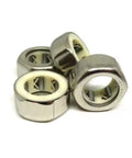 Four 10x16x12 mm one-way needle roller bearings with steel cage guides for low-profile axial load, reducing friction and noise.