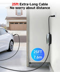 Dual Level 1 And Level 2 EV Charger For Tesla With NACS Connector, Portable 25ft Cable connected to car in garage
