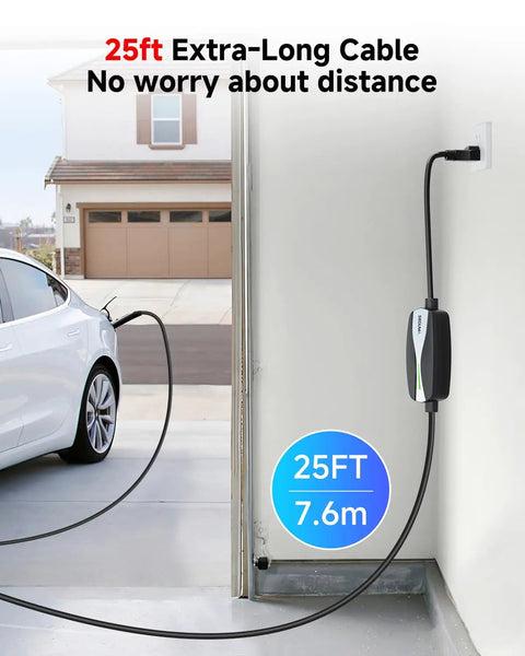 Dual Level 1 And Level 2 EV Charger For Tesla With NACS Connector, Portable 25ft Cable connected to car in garage