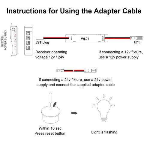 Instructions for using adapter cable with 12V to 24V conversion for Motion Sensor Light Switch With IR Sensor For Closet Lighting Under Cabinet Lights And Wardrobes Auto On And Off 12V 24V Compatible Includes 12V To 24V Conversion Cables No Fuss Install