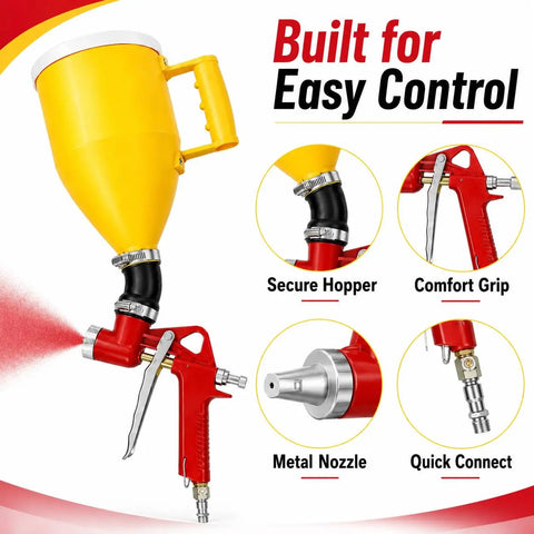 Heavy Duty Wall Texture Sprayer With Large Hopper Gun And Versatile Nozzle Tips For Drywall Ceilings Stucco And Popcorn Textures, featuring yellow hopper and red gun.