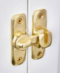 Dual 90 180 Degree Barn Door Latch Lock In Zinc Alloy, installed on white door, showing space saving, right angle gate lock design.