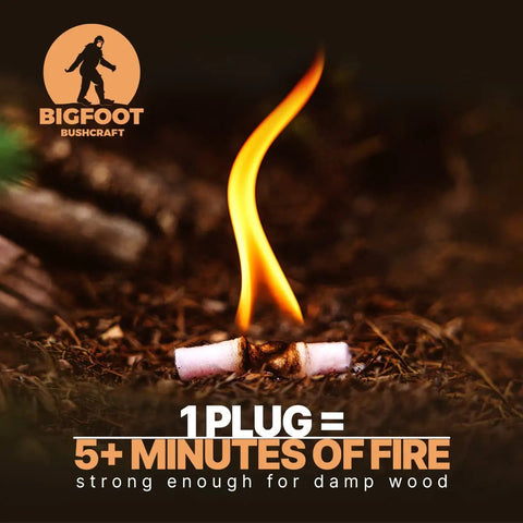 Lit fire plug from Emergency Fire Starter Kit With Waterproof And Windproof Design, showing five-minute burn capability.
