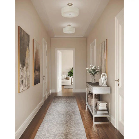 Inspire Close To Ceiling Nickel Flush Mount Light Fixture in hallway, modern minimalist design, brushed nickel finish, decor complement