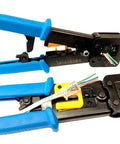 Pro Grade RJ45 Crimp Tool Pass Through Kit With 5 Replacement 8 Pin Blades For Cat5 Cat5e Cat6 Ethernet Cables shown with blue handles