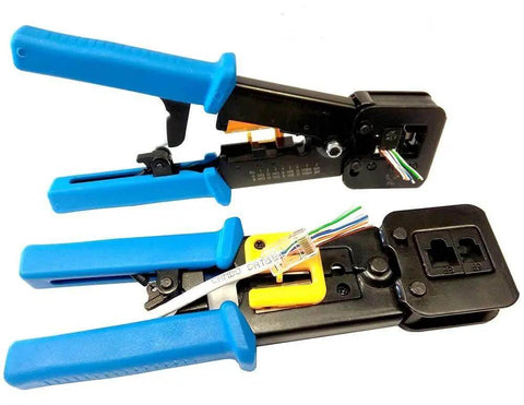 Pro Grade Ethernet Crimp Tool For Pass Through And Standard Ends Heavy Duty Crimper with 5 pack replacement blades and Ethernet cables