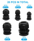 Waterproof Black Nylon Cable Glands Kit With Adjustable Cord Grips shown in five NPT sizes and quantities, 20 pieces total