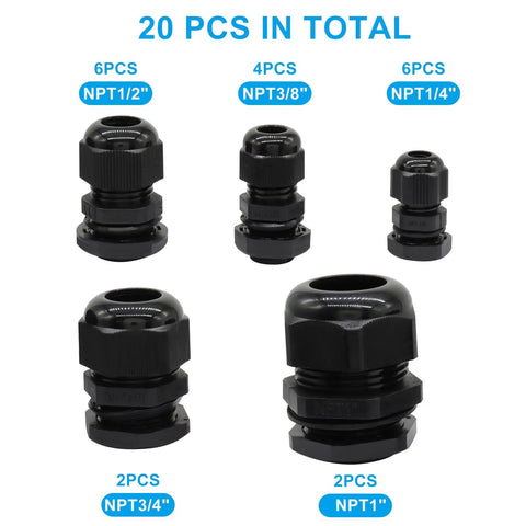 Waterproof Black Nylon Cable Glands Kit With Adjustable Cord Grips shown in five NPT sizes and quantities, 20 pieces total