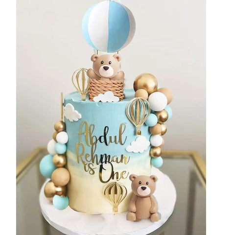 Hot Air Balloon Cake Topper Set With White Cloud Accents And Cute Bears For Cakes And Desserts includes balloon basket two bears