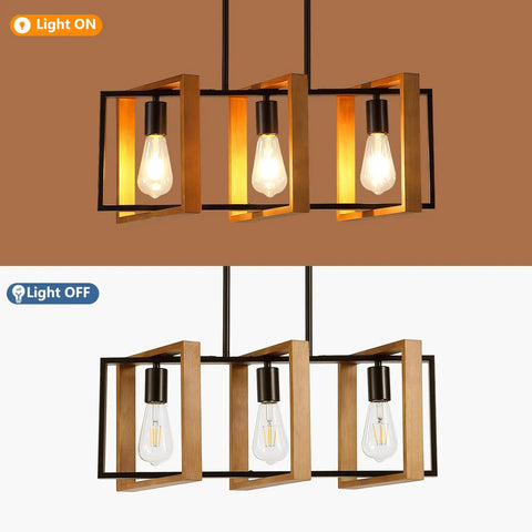 Modern Farmhouse 23.6 Inch Kitchen Island Light with three lights, wood frame, metal body, E26 base, light on and off demonstration.