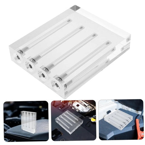 Engine Oil Viscosity Testing Stand And Acrylic Oil Comparator Tool For Auto Maintenance And Car Repair, Ideal For Pro Shops And DIY Garages, Durable, Easy To Use, Precision For Diagnostics. Transparent acrylic block with four test rods
