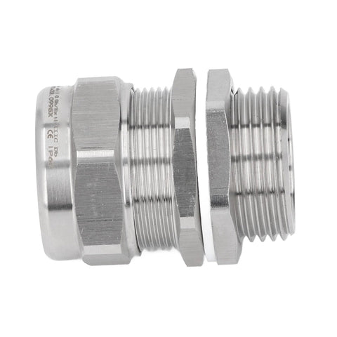 Explosion proof cable gland connector, 304 stainless steel, IP66, side view, two-piece threaded body