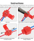 Red insulated solderless quick-splice wire connectors instruction diagram showing four assembly steps for 22-10 AWG wires.